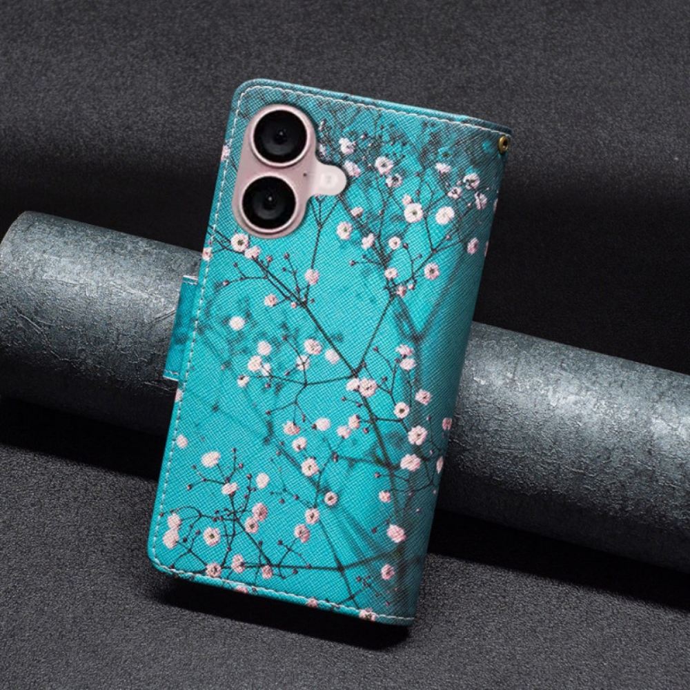 Kožený Kryt iPhone 16 Plus Peněženka Se Švestkovým Květem S Popruhem