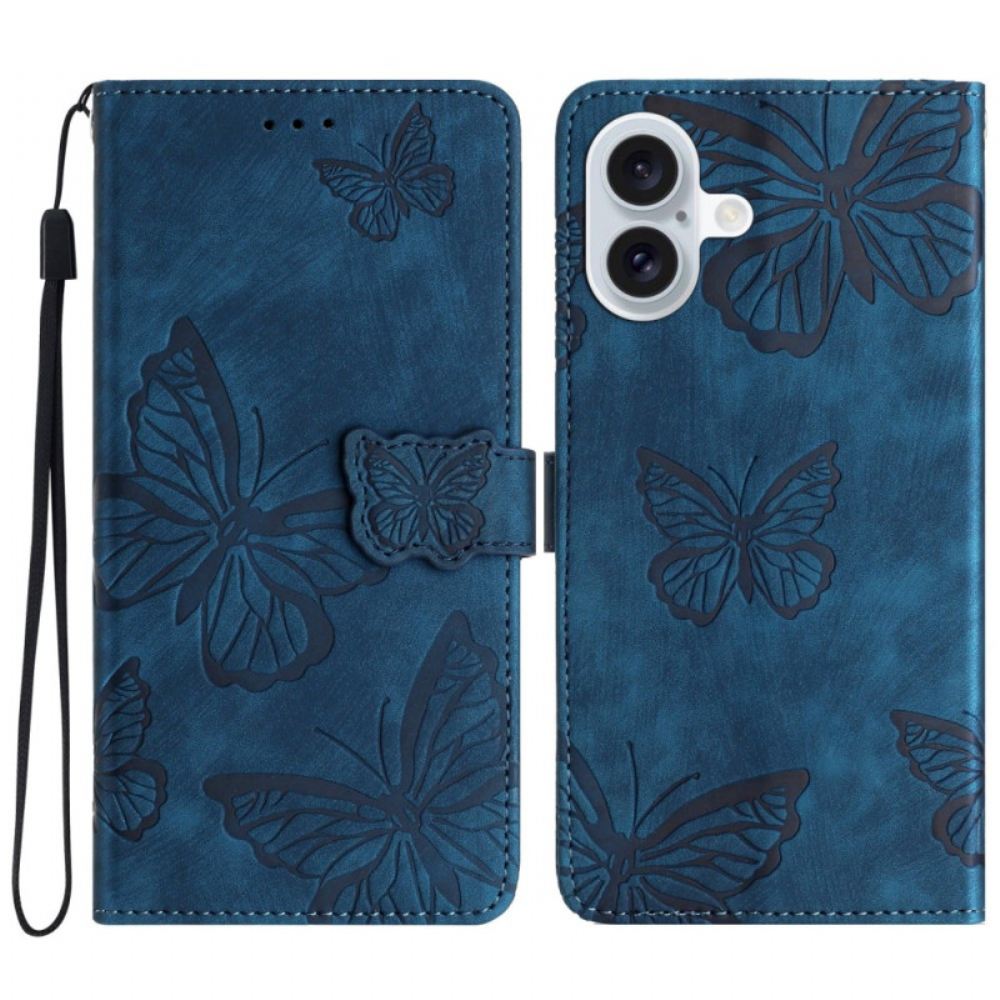 Kožený Kryt iPhone 16 Plus Potisk Motýla S Páskem