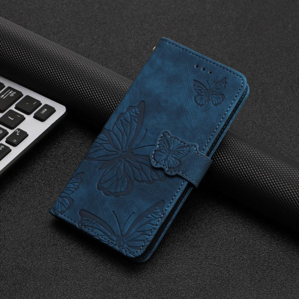 Kožený Kryt iPhone 16 Plus Potisk Motýla S Páskem