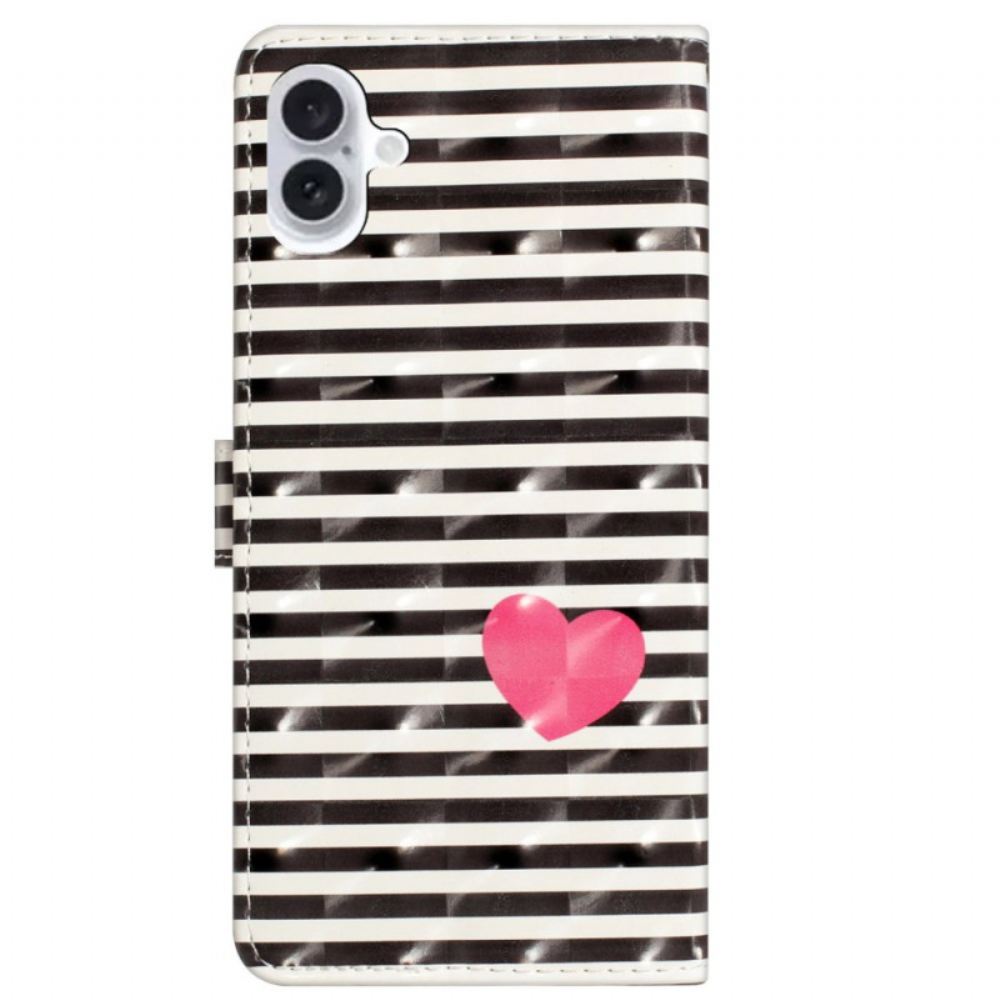 Kožený Kryt iPhone 16 Plus Pruhy A Srdce S Páskem