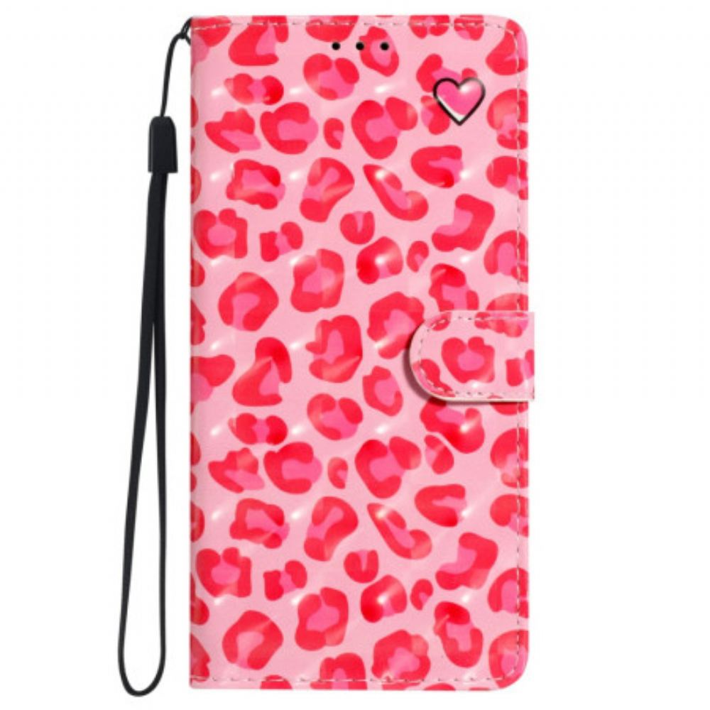 Kožený Kryt iPhone 16 Plus Růžový Leopardí Potisk S Páskem
