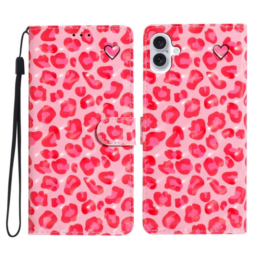 Kožený Kryt iPhone 16 Plus Růžový Leopardí Potisk S Páskem