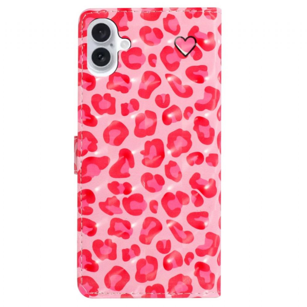 Kožený Kryt iPhone 16 Plus Růžový Leopardí Potisk S Páskem