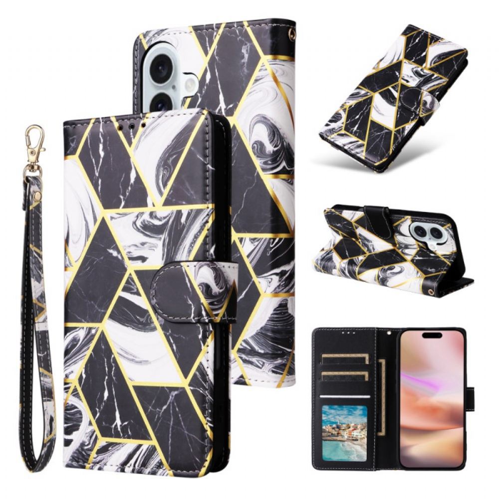 Kožený Kryt iPhone 16 Plus Styl Mramoru S Popruhem