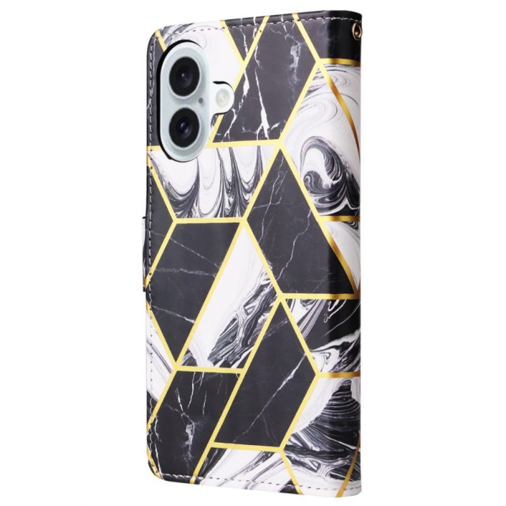 Kožený Kryt iPhone 16 Plus Styl Mramoru S Popruhem
