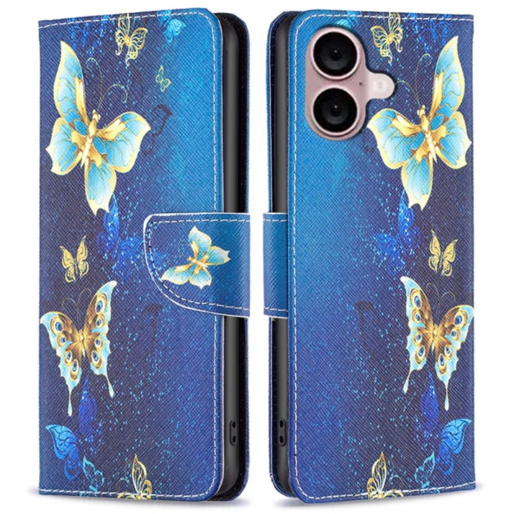 Kožený Kryt iPhone 16 Plus Zlatí Motýli