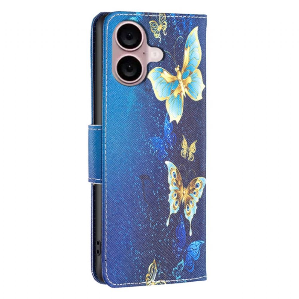 Kožený Kryt iPhone 16 Plus Zlatí Motýli
