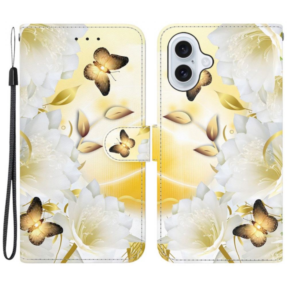 Kožený Kryt iPhone 16 Plus Zlatí Motýli A Bílé Květy S Popruhem