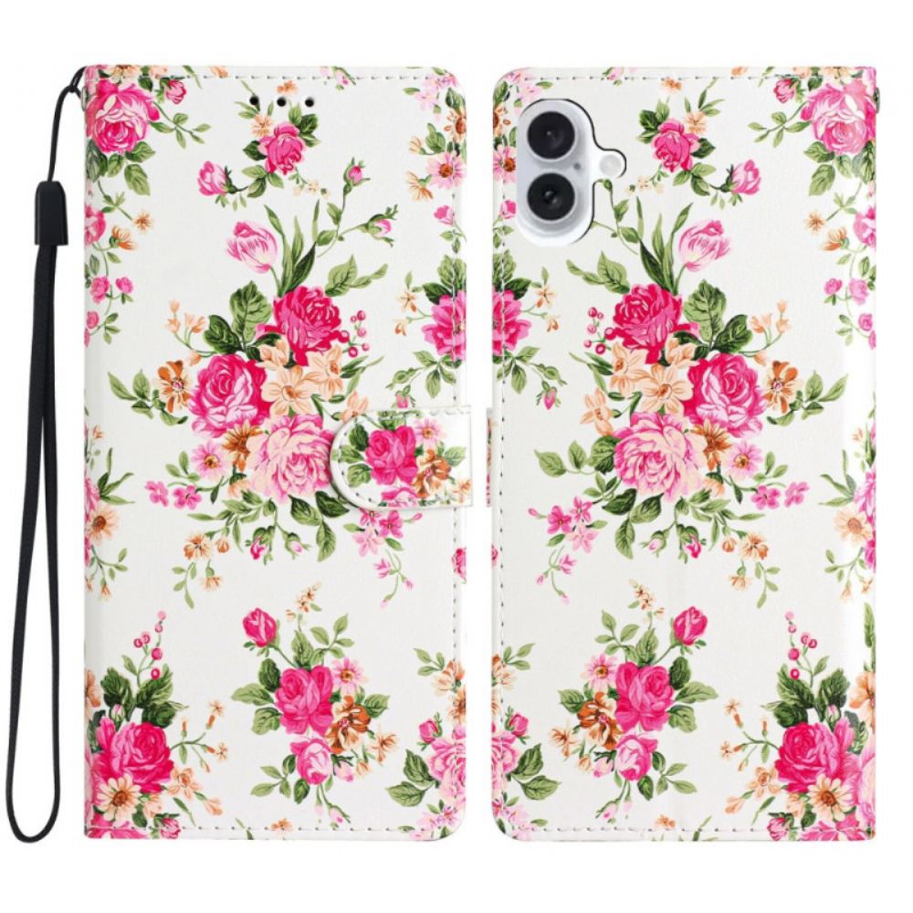 Kožený Kryt iPhone 16 Plus Červené Květy S Popruhem