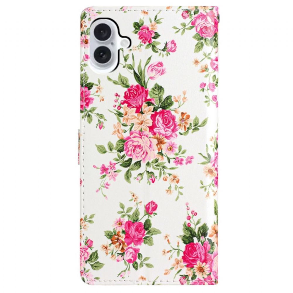 Kožený Kryt iPhone 16 Plus Červené Květy S Popruhem