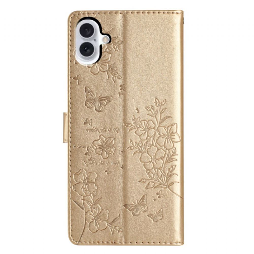 Kožený Kryt Na iPhone 16 Plus Malí Motýlci S Popruhem
