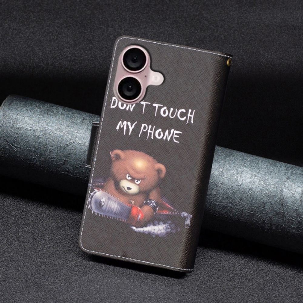 Kožený Kryt Na iPhone 16 Plus Peněženka Nebezpečného Medvěda S Popruhem