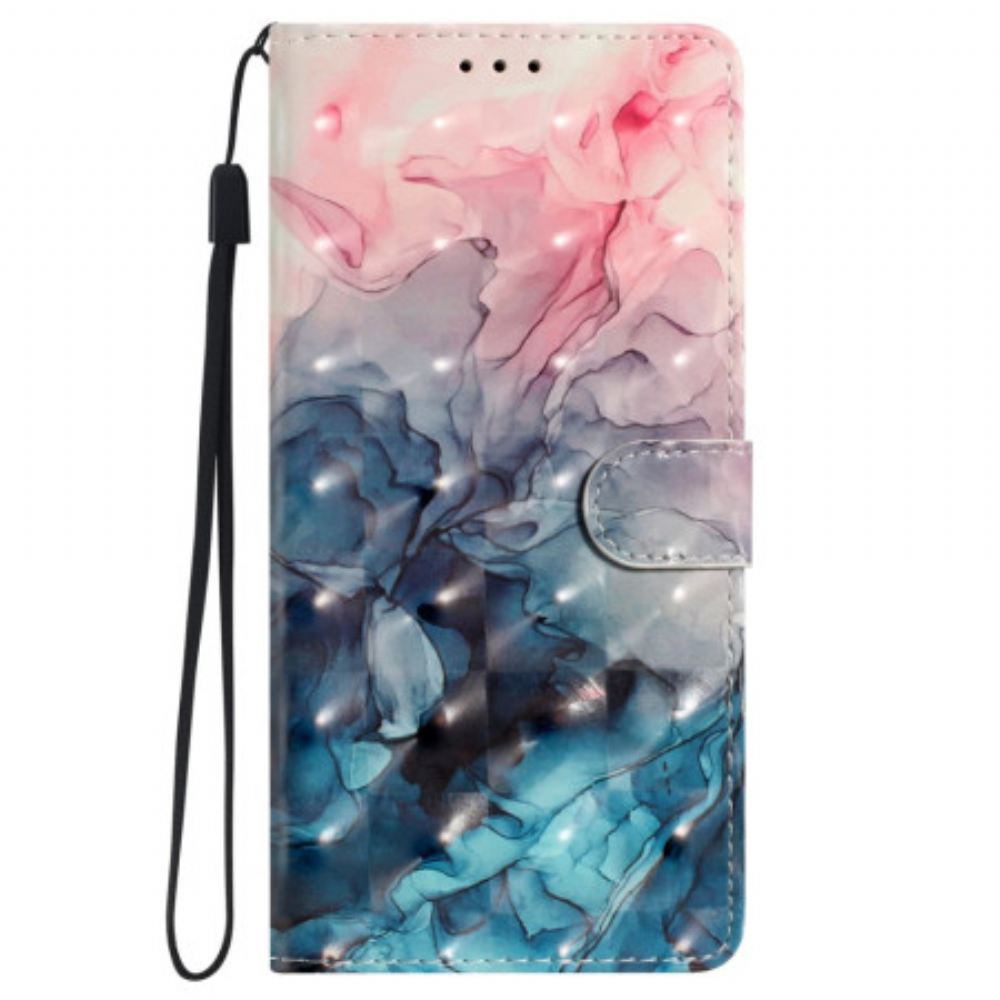 Kožený Kryt Na iPhone 16 Plus Růžový A Modrý Mramor S Popruhem