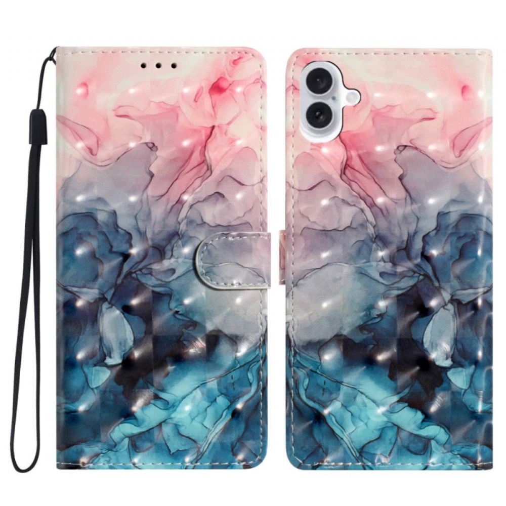 Kožený Kryt Na iPhone 16 Plus Růžový A Modrý Mramor S Popruhem