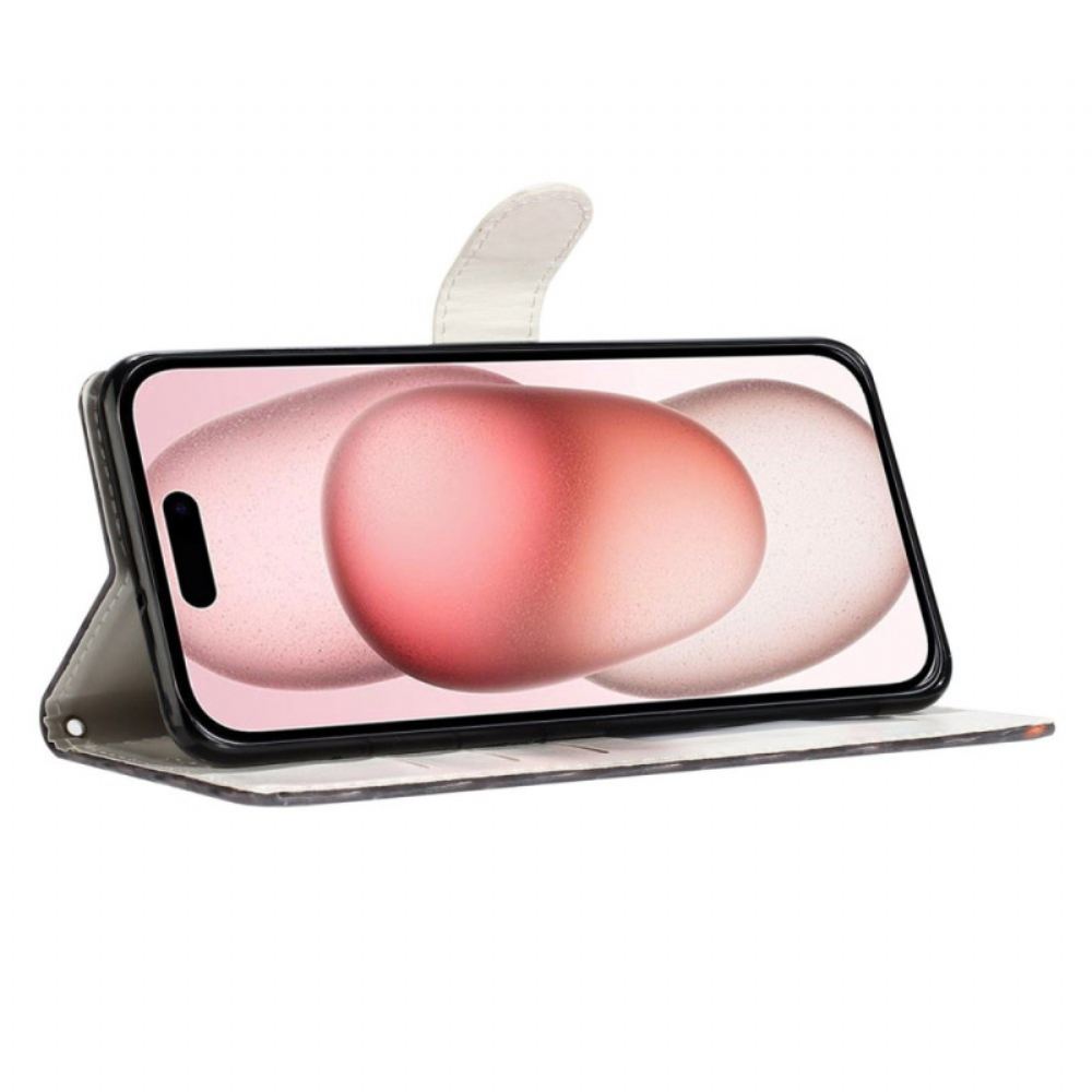 Kožený Kryt Na iPhone 16 Plus Růžový A Modrý Mramor S Popruhem