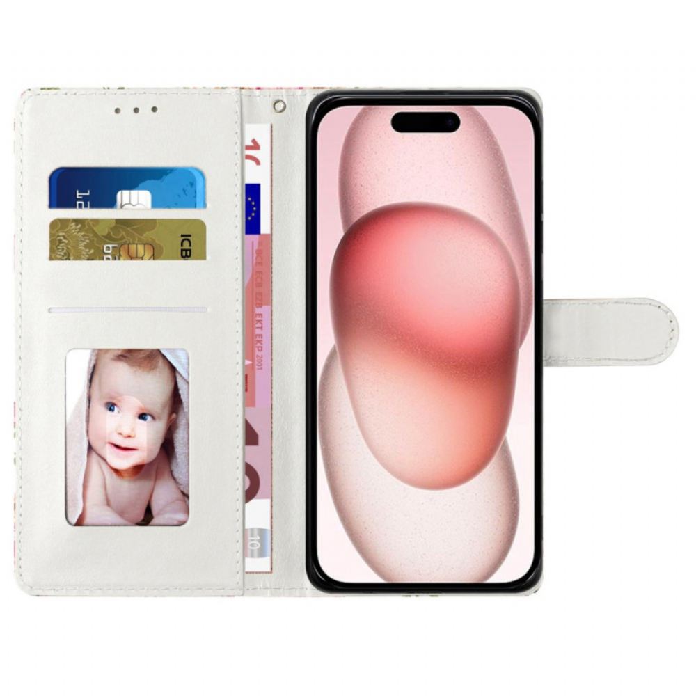 Kožený Kryt Na iPhone 16 Plus Růžový A Modrý Mramor S Popruhem