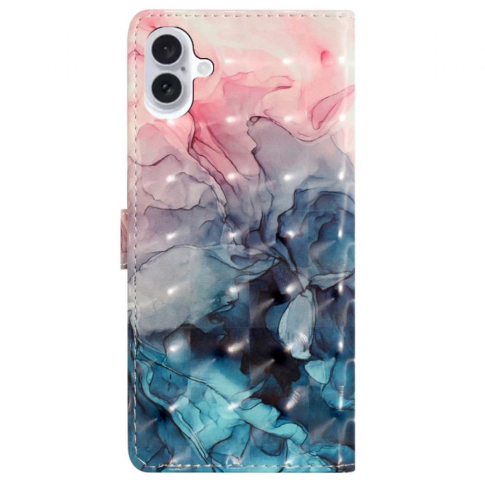 Kožený Kryt Na iPhone 16 Plus Růžový A Modrý Mramor S Popruhem