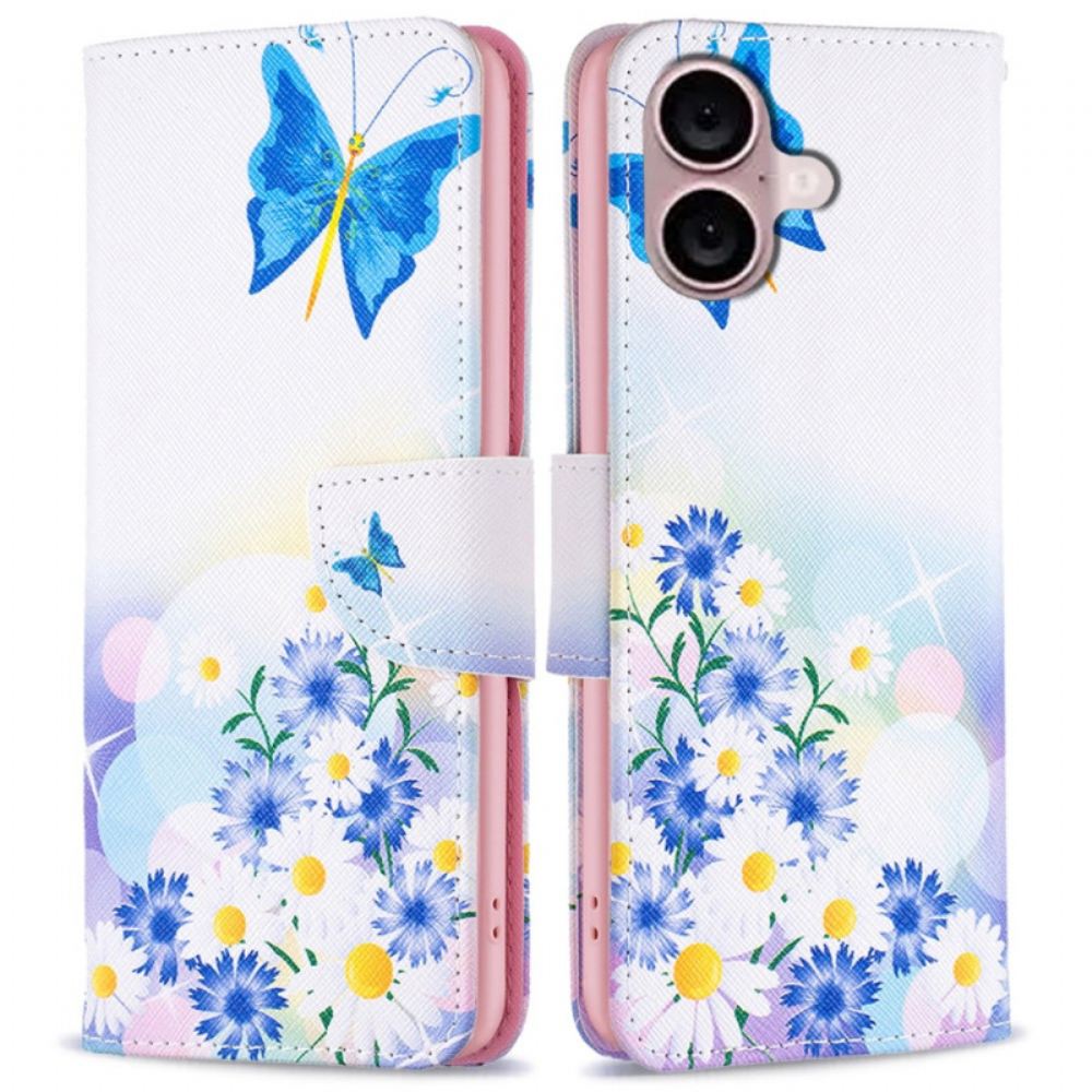 Kožený Kryt Na iPhone 16 Plus Vzor Motýlů A Květin