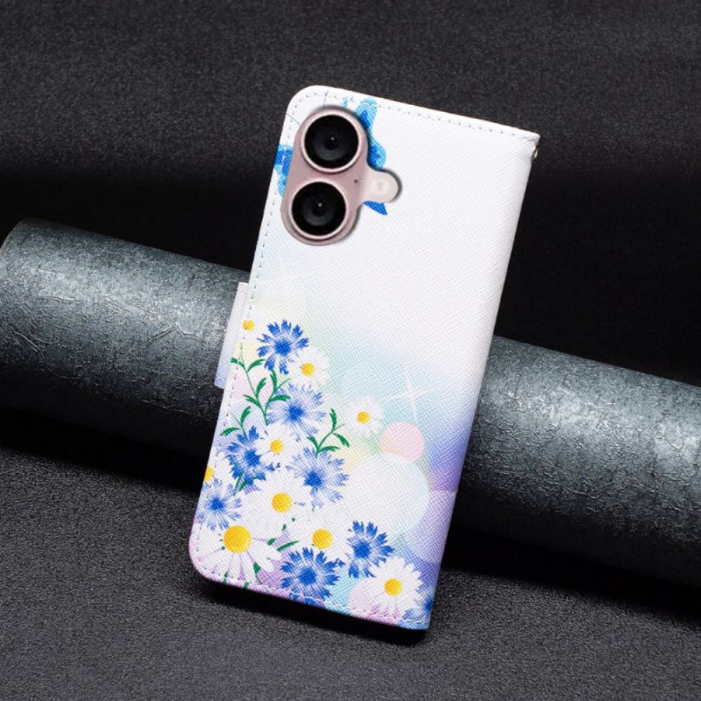 Kožený Kryt Na iPhone 16 Plus Vzor Motýlů A Květin