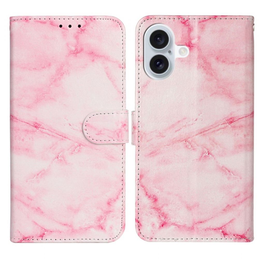 Kožený Kryt Na iPhone 16 Plus Vzor Růžového Mramoru