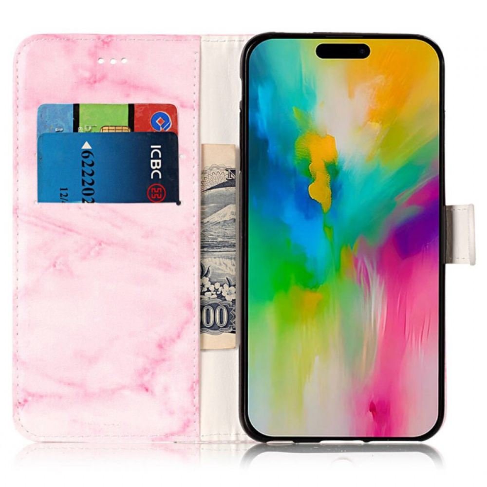 Kožený Kryt Na iPhone 16 Plus Vzor Růžového Mramoru