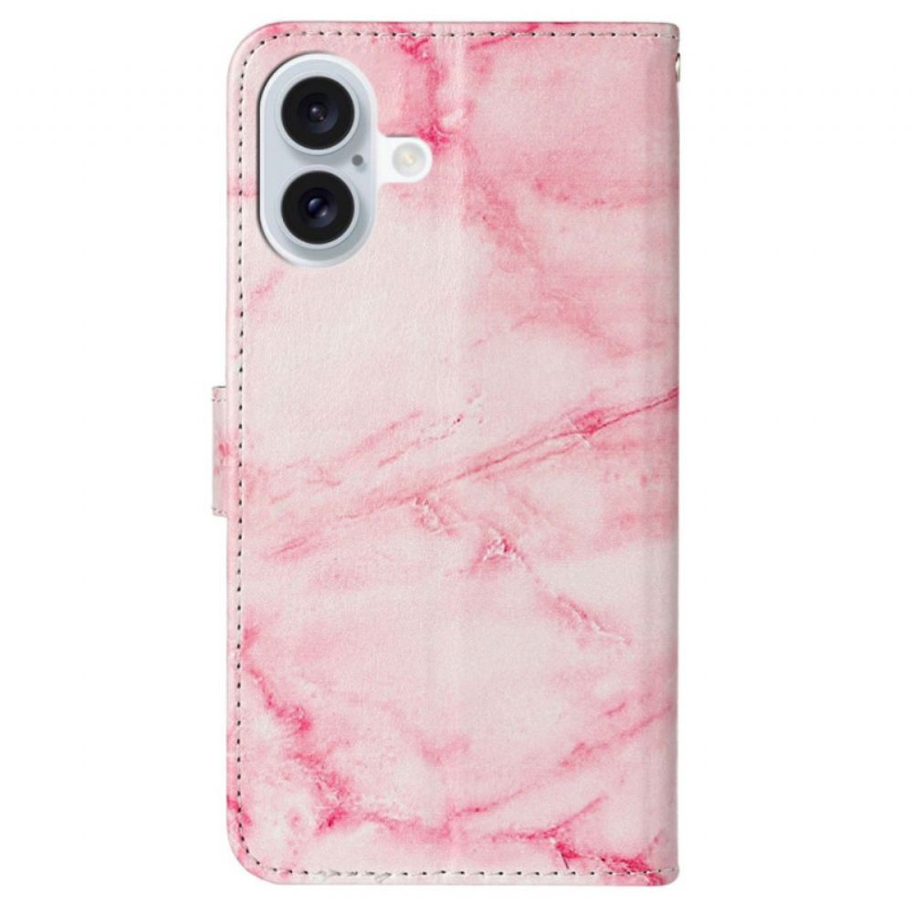 Kožený Kryt Na iPhone 16 Plus Vzor Růžového Mramoru
