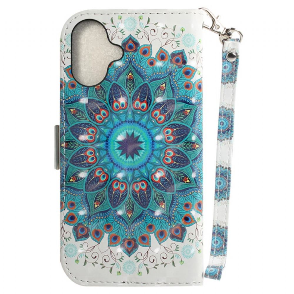 Kožený Kryt Na iPhone 16 Plus Zelená Mandala S Popruhem