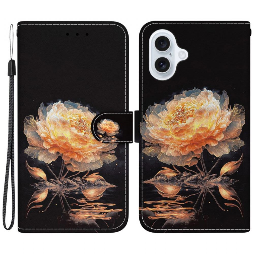 Kožený Kryt Na iPhone 16 Plus Zlatá Pivoňka S Řemínkem