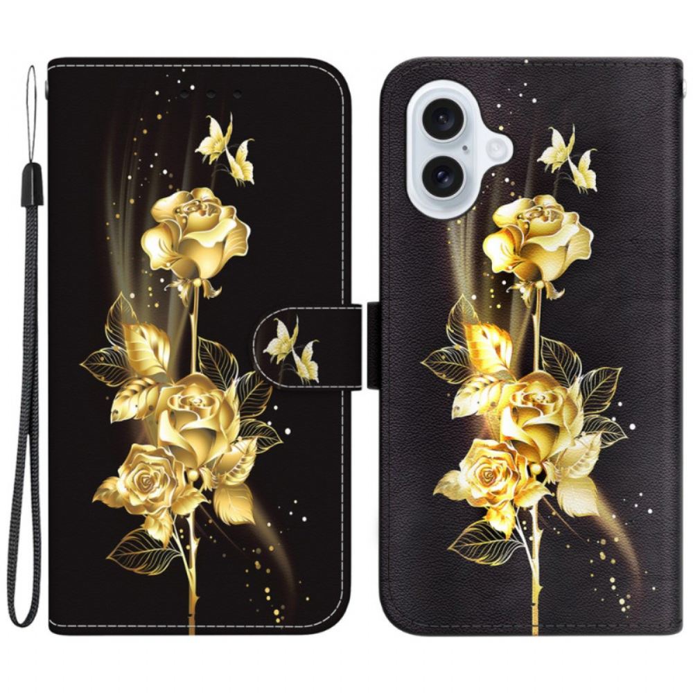 Kožený Kryt Na iPhone 16 Plus Zlatí A Růžoví Motýli S Řemínkem