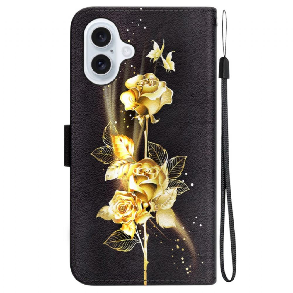 Kožený Kryt Na iPhone 16 Plus Zlatí A Růžoví Motýli S Řemínkem