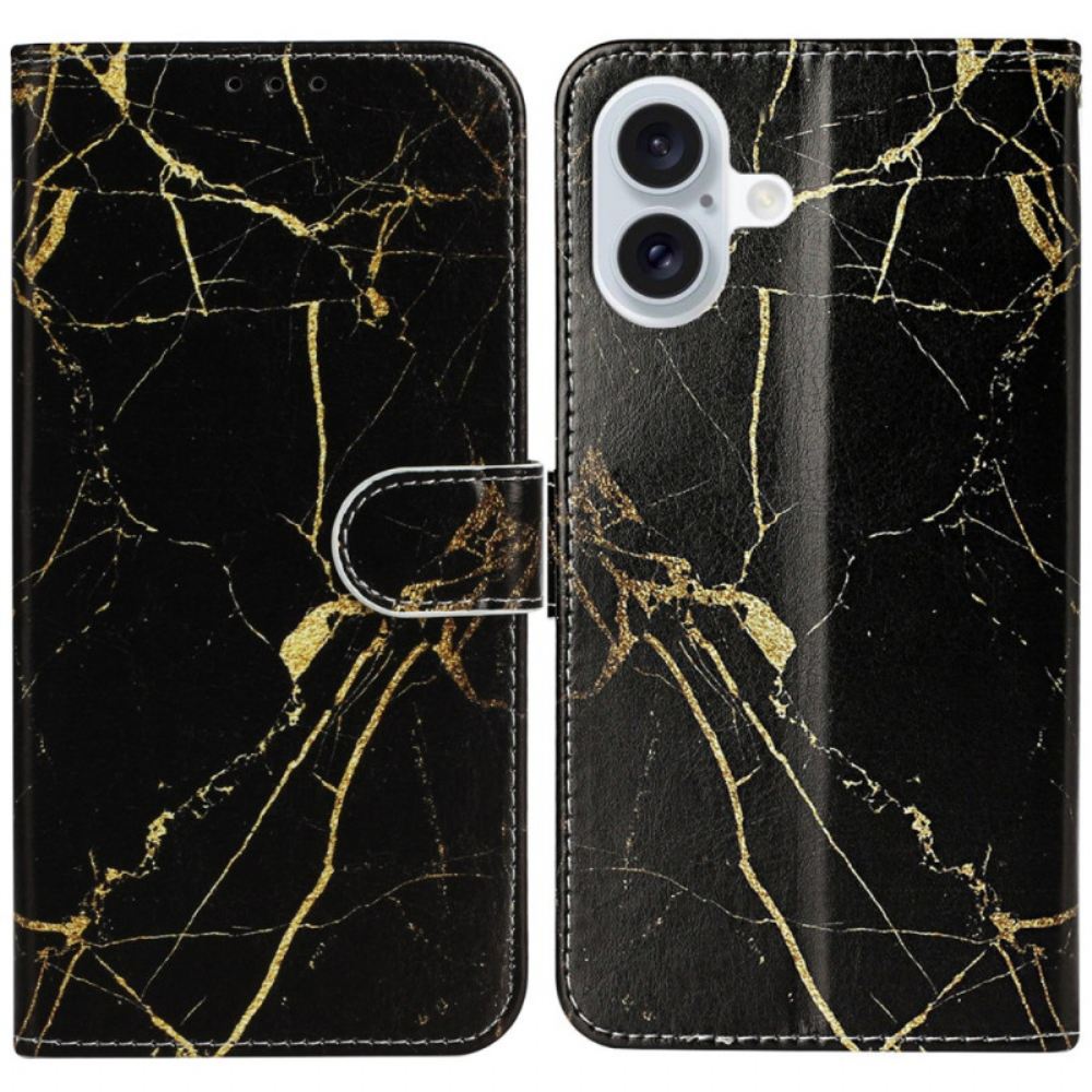 Kožený Kryt Na iPhone 16 Plus Černý Zlatý Mramor