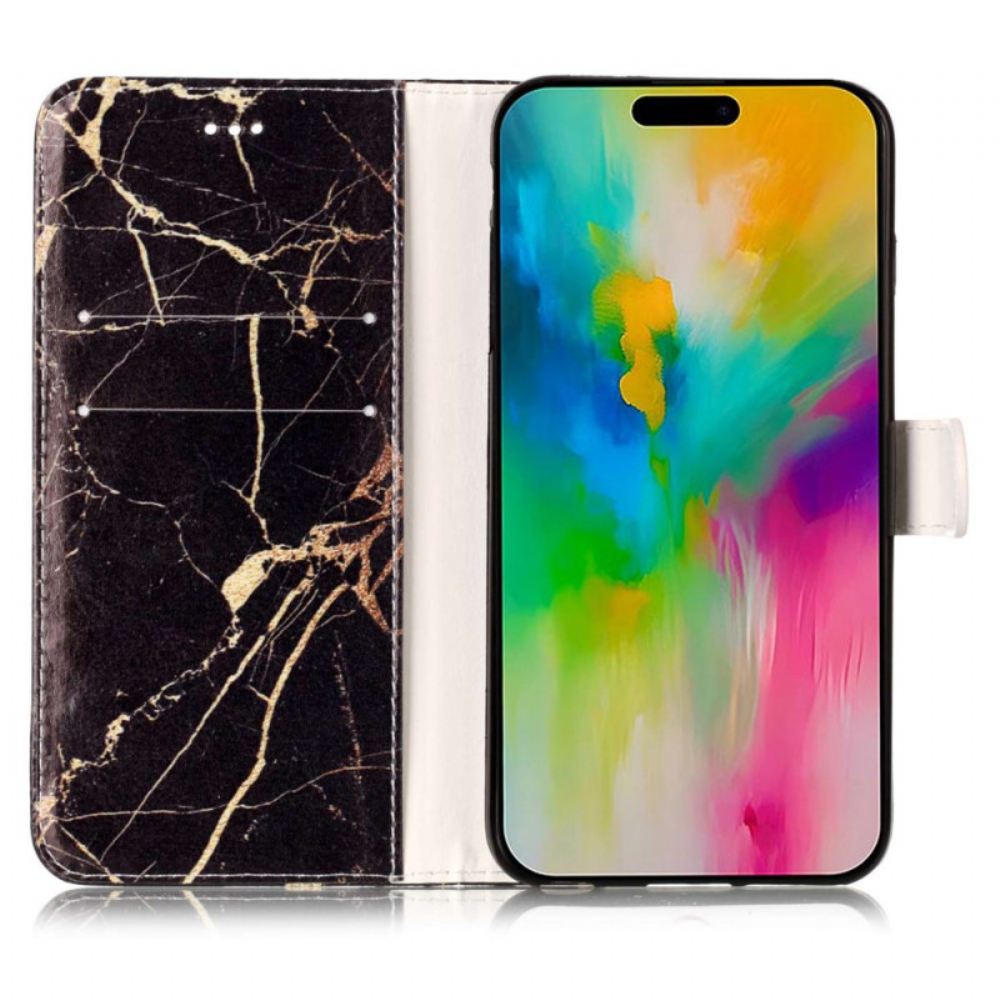 Kožený Kryt Na iPhone 16 Plus Černý Zlatý Mramor
