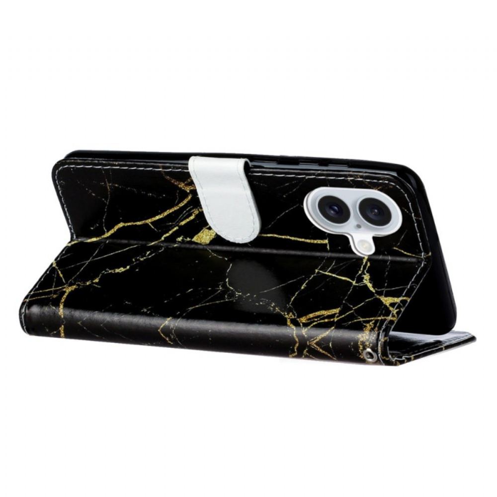 Kožený Kryt Na iPhone 16 Plus Černý Zlatý Mramor