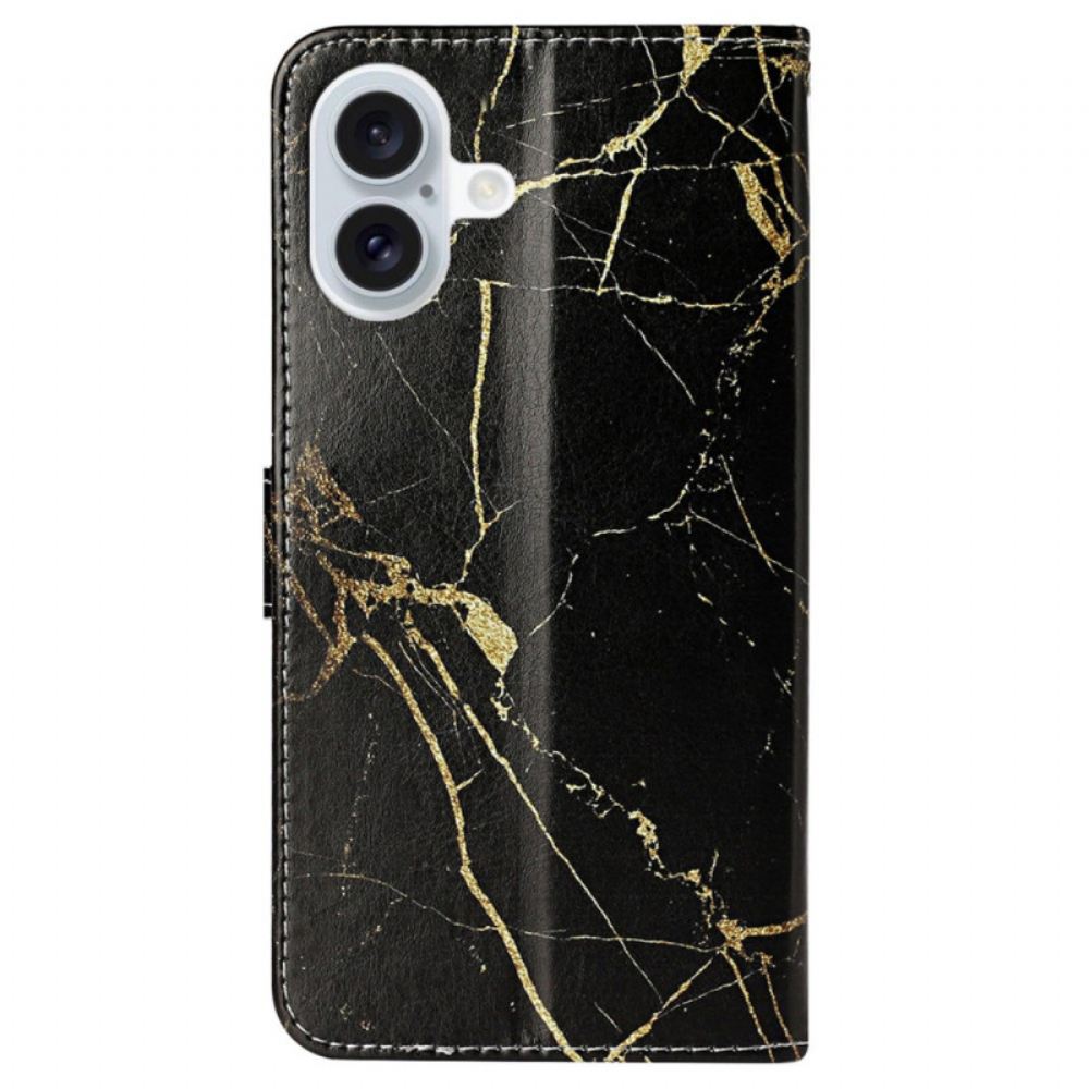 Kožený Kryt Na iPhone 16 Plus Černý Zlatý Mramor