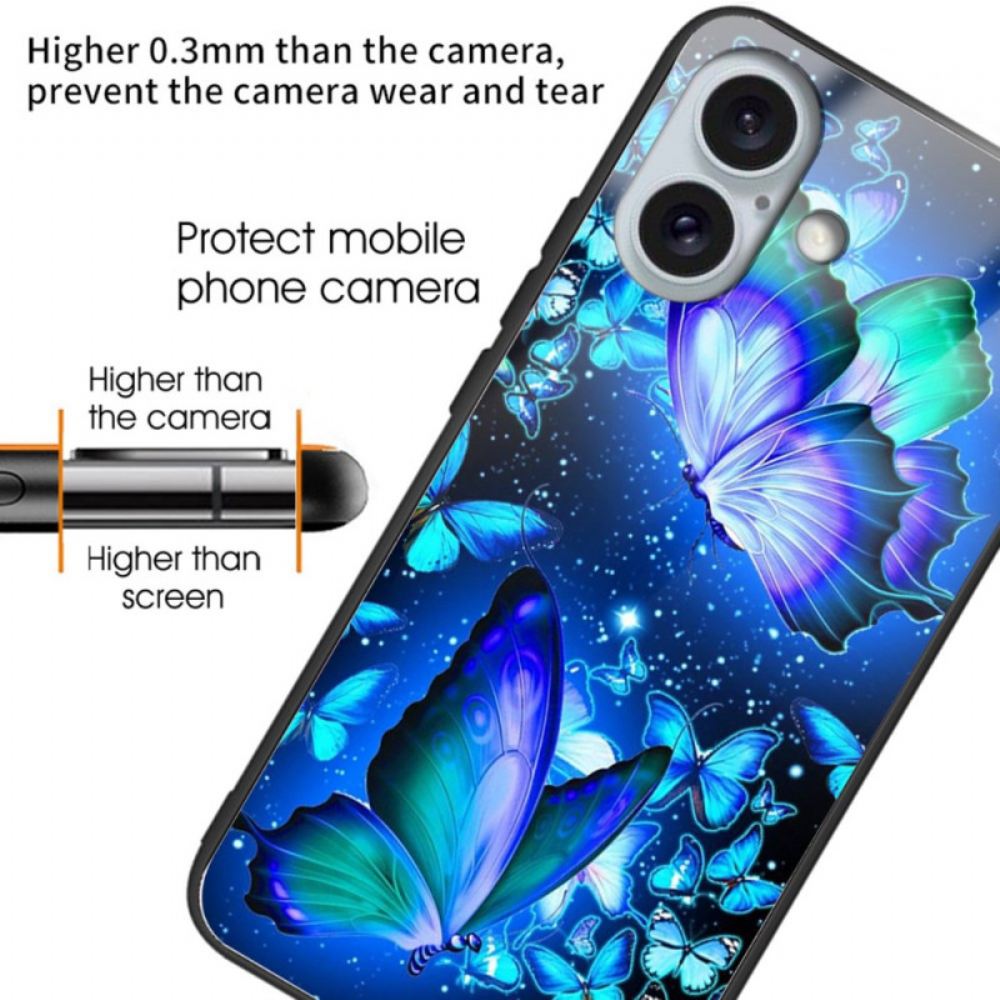 Kryt iPhone 16 Plus Modrí Motýli Z Tvrzeného Skla