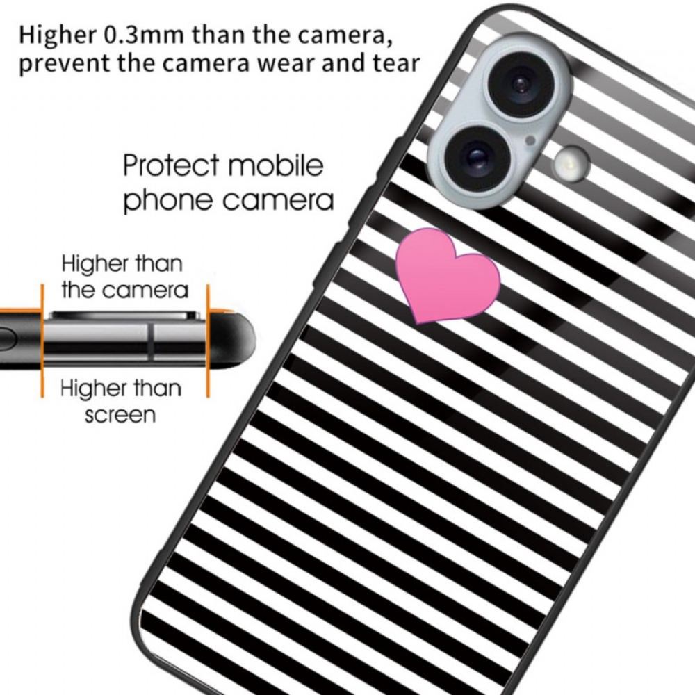 Kryt iPhone 16 Plus Pruhy A Srdce Z Tvrzeného Skla
