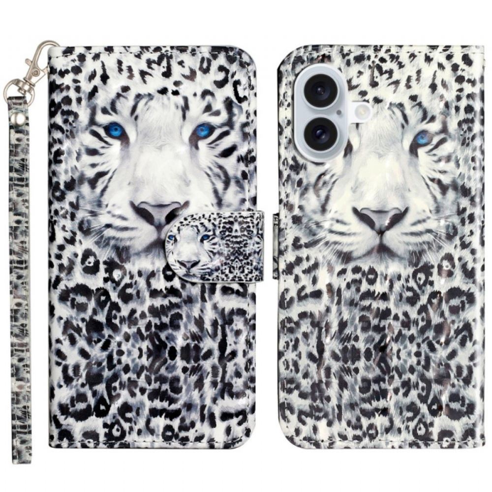Peněženková Pouzdra iPhone 16 Plus Kryty Na Mobil Leopardí Hlava S Popruhem