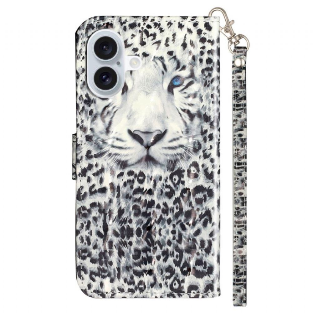 Peněženková Pouzdra iPhone 16 Plus Kryty Na Mobil Leopardí Hlava S Popruhem