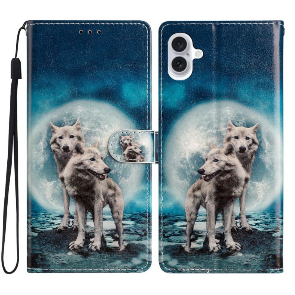 Peněženková Pouzdra iPhone 16 Plus Kryty Na Mobil Pár Vlků S Popruhy