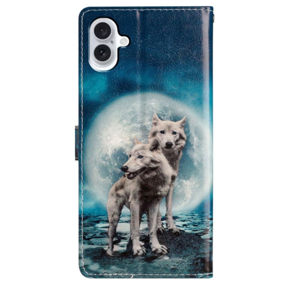 Peněženková Pouzdra iPhone 16 Plus Kryty Na Mobil Pár Vlků S Popruhy