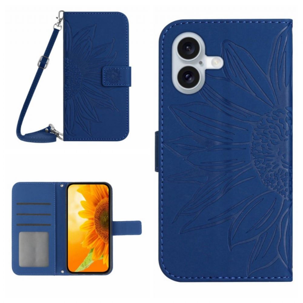 Peněženková Pouzdra iPhone 16 Plus Kryty Na Mobil Slunečnicový Potisk S Popruhem Přes Rameno