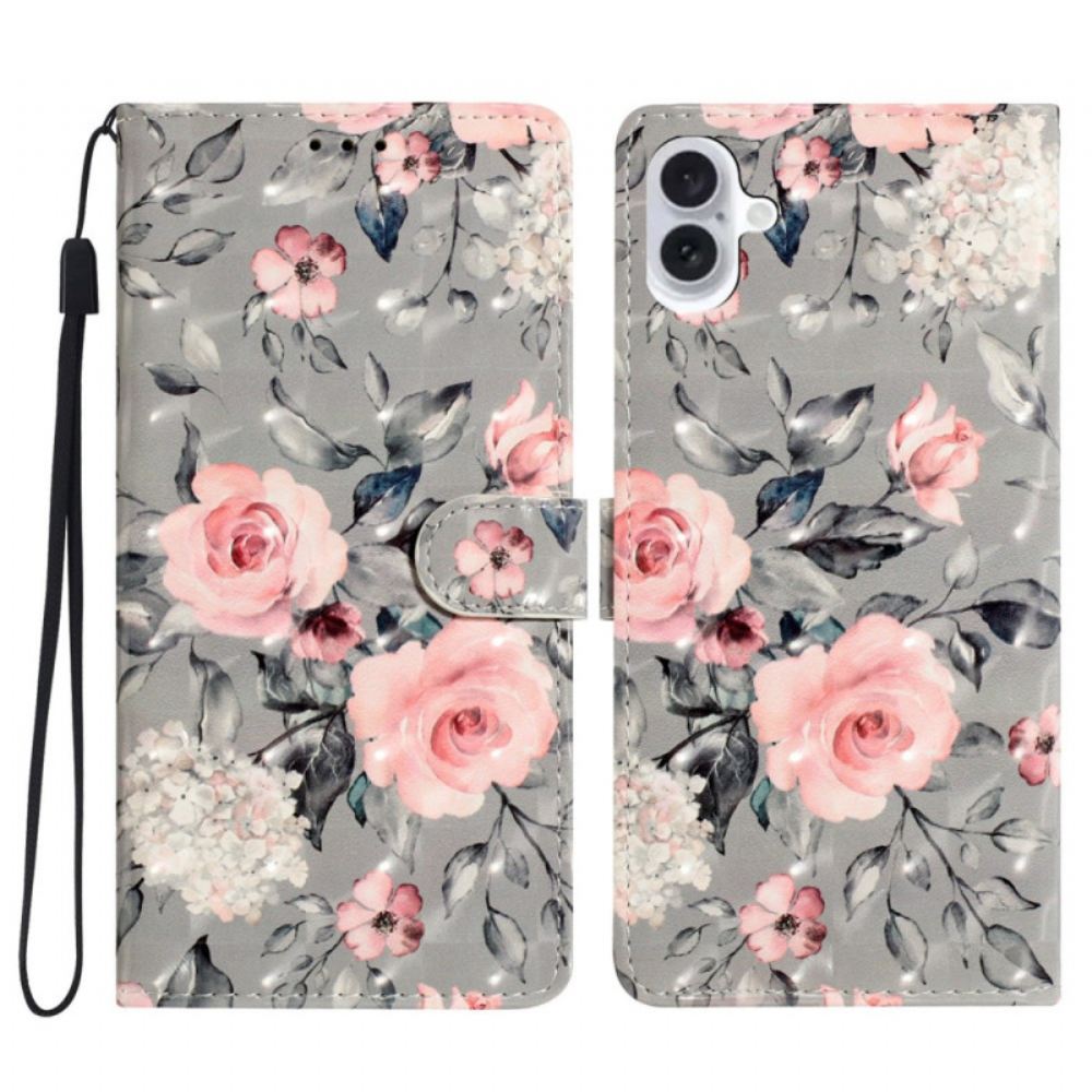 Peněženková Pouzdra iPhone 16 Plus Růžové Květy S Páskem