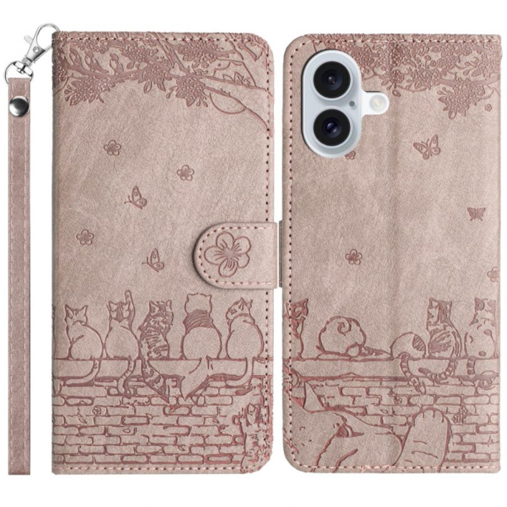 Peněženková Pouzdra iPhone 16 Plus Vzor Kočky S Popruhem