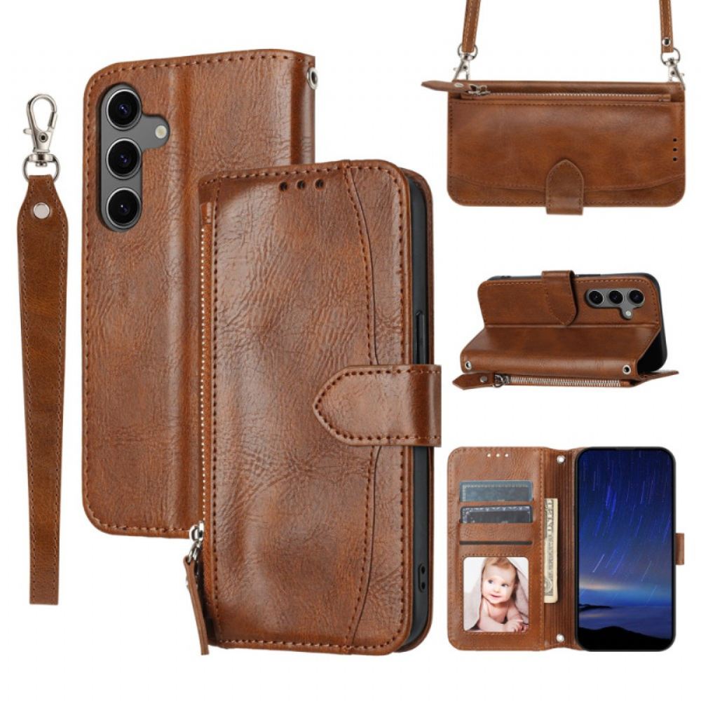 Kožený Kryt Na Samsung Galaxy S25 Plus 5g Kapsa Na Zip A Ramenní Popruh