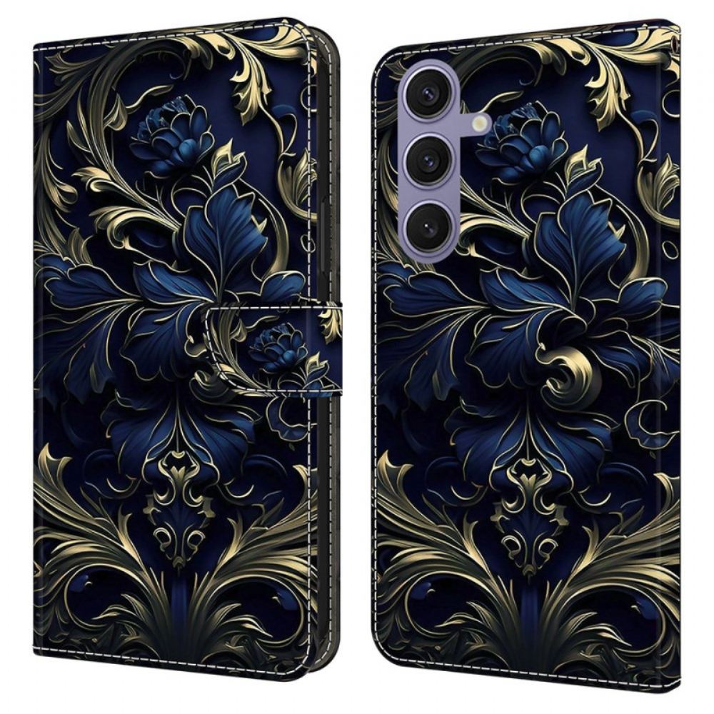 Kožený Kryt Samsung Galaxy S25 Plus 5g Metalicky Modrý Květ