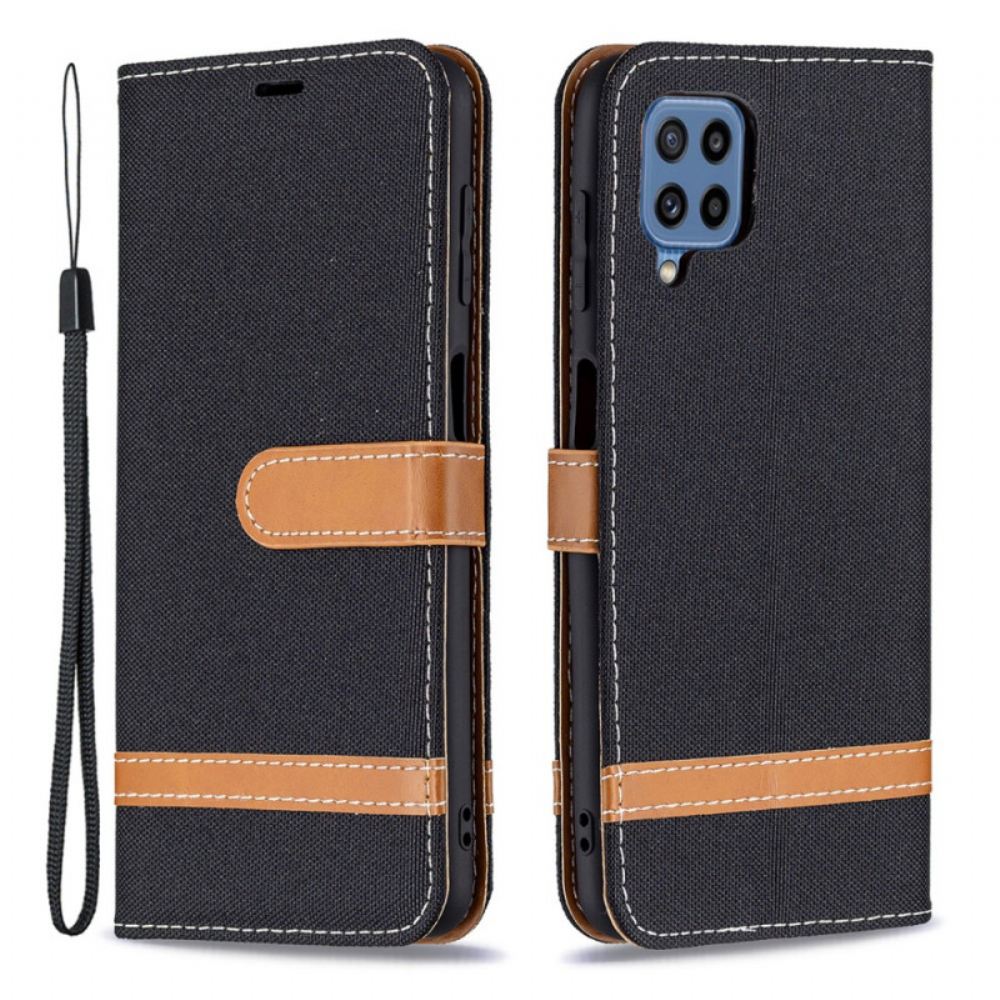 Flipové Pouzdro Na Samsung Galaxy M32 Na Lana Pásek S Látkovým A Koženým Efektem