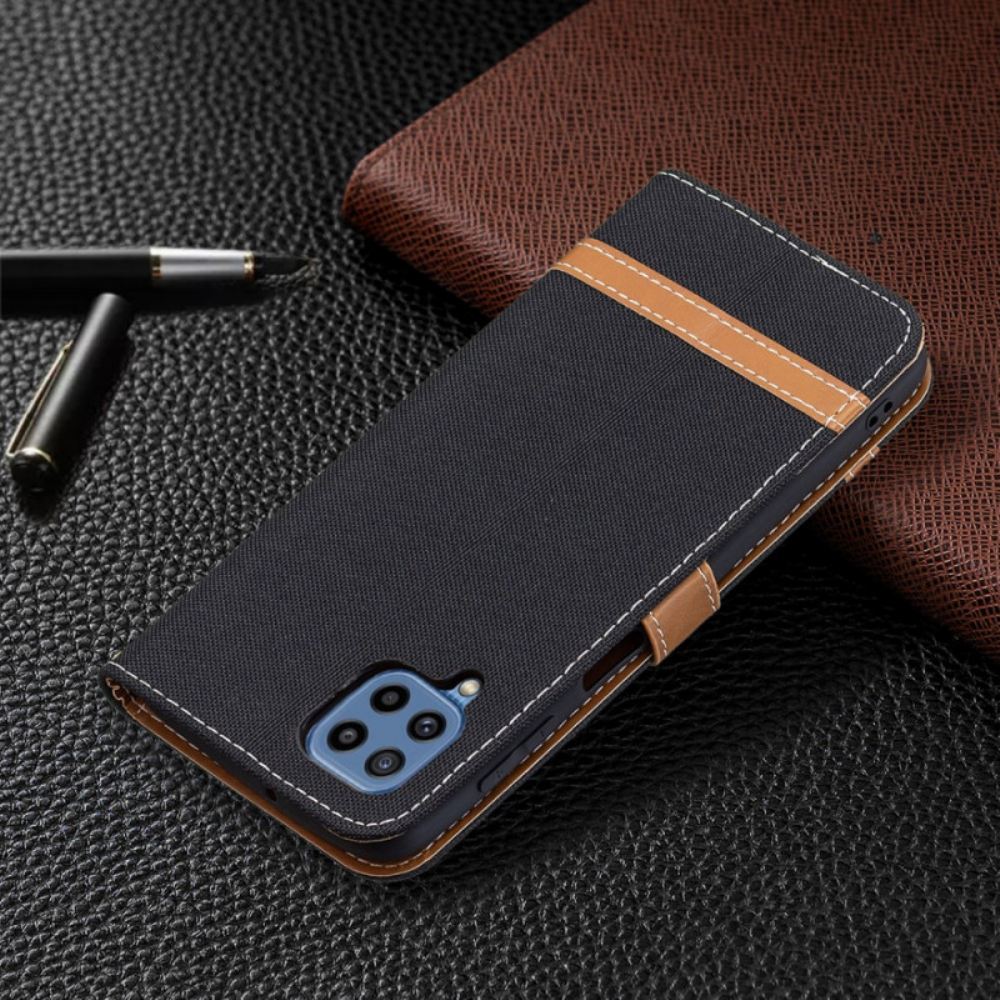 Flipové Pouzdro Na Samsung Galaxy M32 Na Lana Pásek S Látkovým A Koženým Efektem
