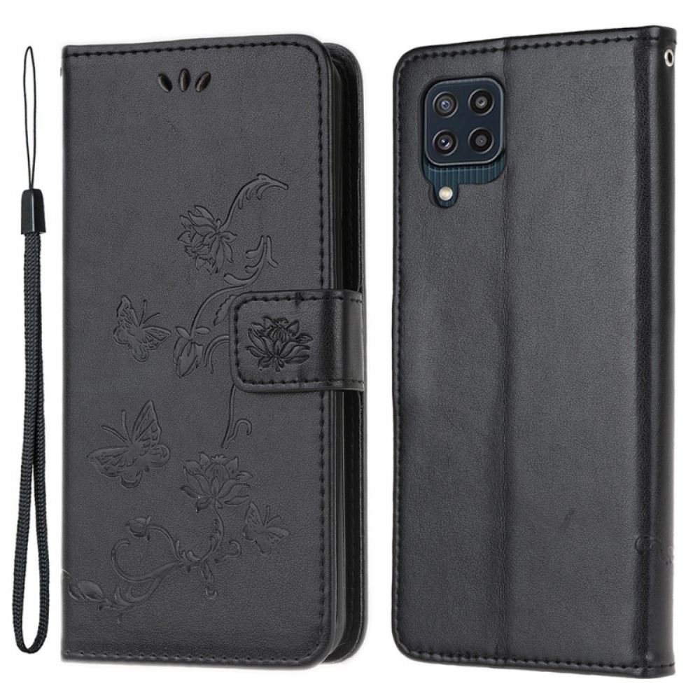 Kožené Pouzdro Na Samsung Galaxy M32 Na Lana Popruhové Květiny