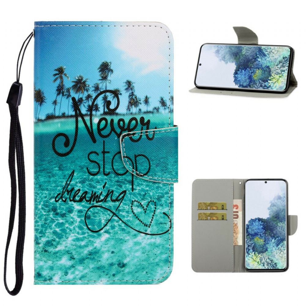 Flipové Pouzdro Na Samsung Galaxy S21 Plus 5G Na Lana Nikdy Nepřestávejte Snít Navy Strappy