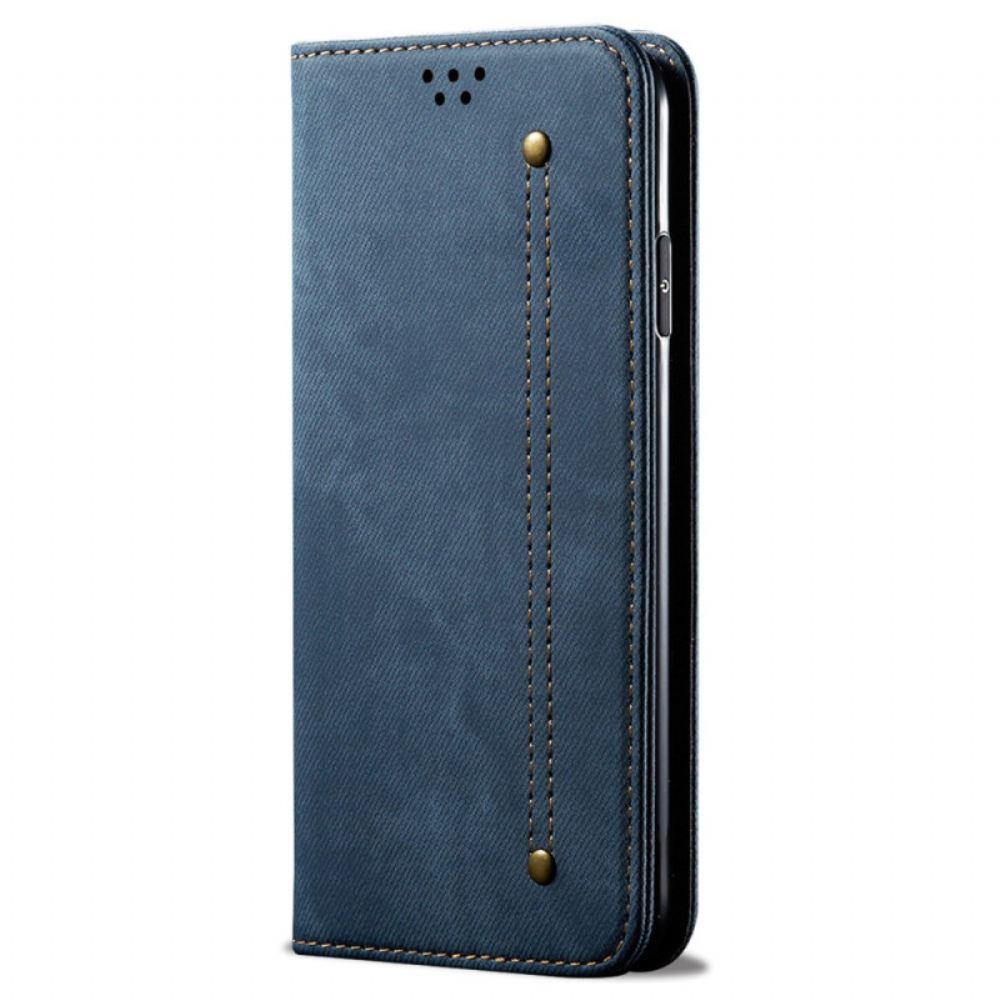 Kožené Pouzdro Folio iPhone 16 Pro Džínová Tkanina